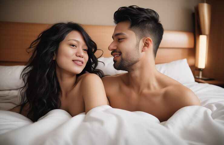 man-woman-laying-bed-couple in bed